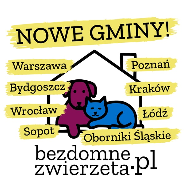 Grafika nowej aktualności serwisu bezdomne-zwierzeta.pl. Na górze duży napis „NOWE GMINY!”. W centrum ilustracji znajduje się logo serwisu, czyli rysunek psa i kota siedzących razem w obrysie domu. Po lewej stronie wymienione są miasta: Warszawa, Bydgoszcz, Wrocław, Sopot. Po prawej stronie: Poznań, Kraków, Łódź, Oborniki Śląskie. Na dole znajduje się adres strony: bezdomne-zwierzeta.pl